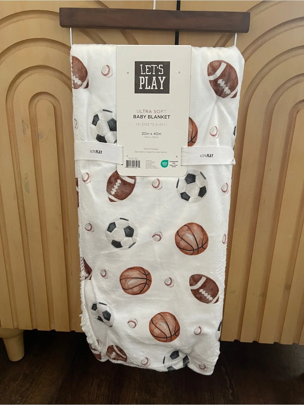 Sherpa Baby Blanket - White with Sports Print